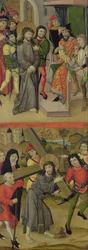 Christus voor Pilatus en Christus die het kruis draagt, paneel van een altaarstuk met scènes van de Passie en heiligen, 1490
